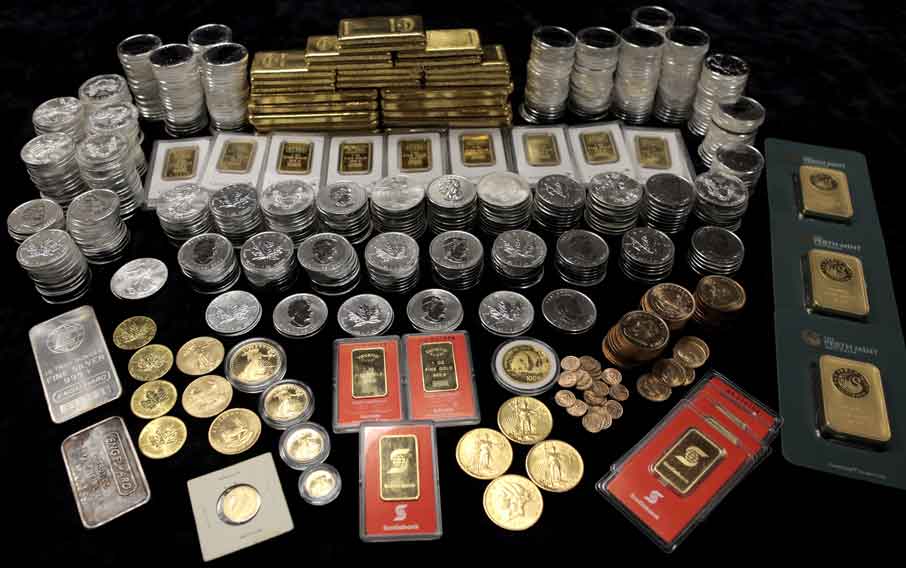 various gold and silver coins and bars
