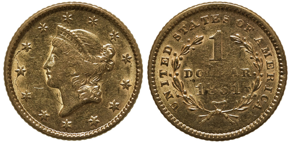 gold US dollar - liberty head 1851